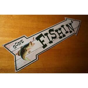 Gone Fishing Arrow Sign Rustic Metal Bass Cabin Lake House Man Cave Wall Decor